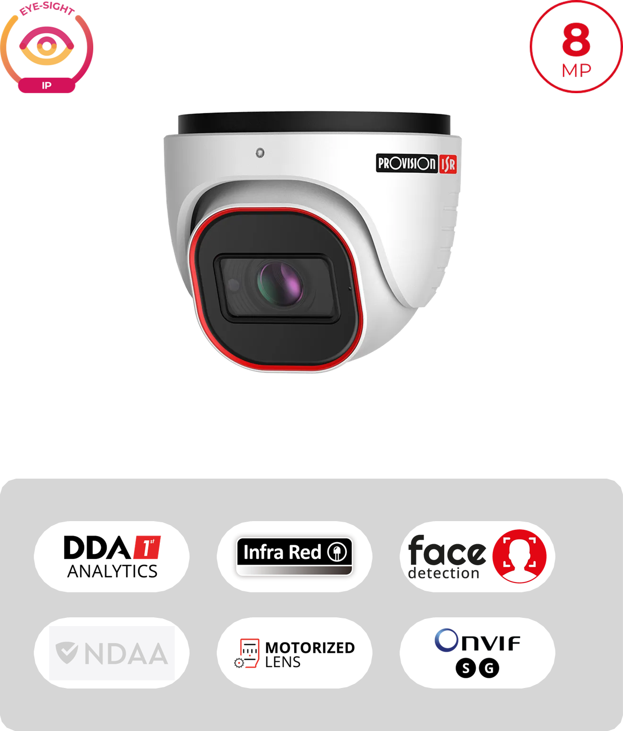 PROVISION - Camera- H.265 Eye-Sight Series, Dome/Turret IR 40M(2 LED Array), Motorized 2.8-12mm lens, 8M with PoE