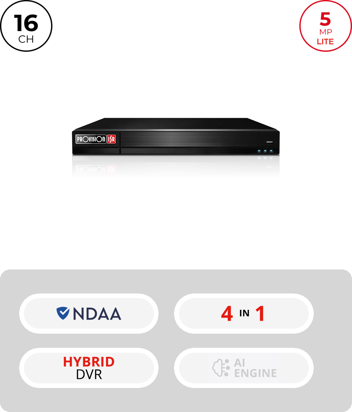 PROVISION - DVR 5EN1 16ch LITE 5MP@10IPS+ 8IP 5MP 1HDMI/VGA/CVBS 2HDD(8TB) Audio8/1 Alarma 16/4