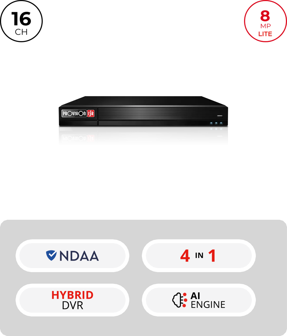 PROVISION - DVR 5EN1 16ch LITE 8MP@12IPS+ 8IP 8MP 1HDMI/VGA/CVBS 2HDD(8TB) Audio8/1 Alarma 16/4 - Imagen 2