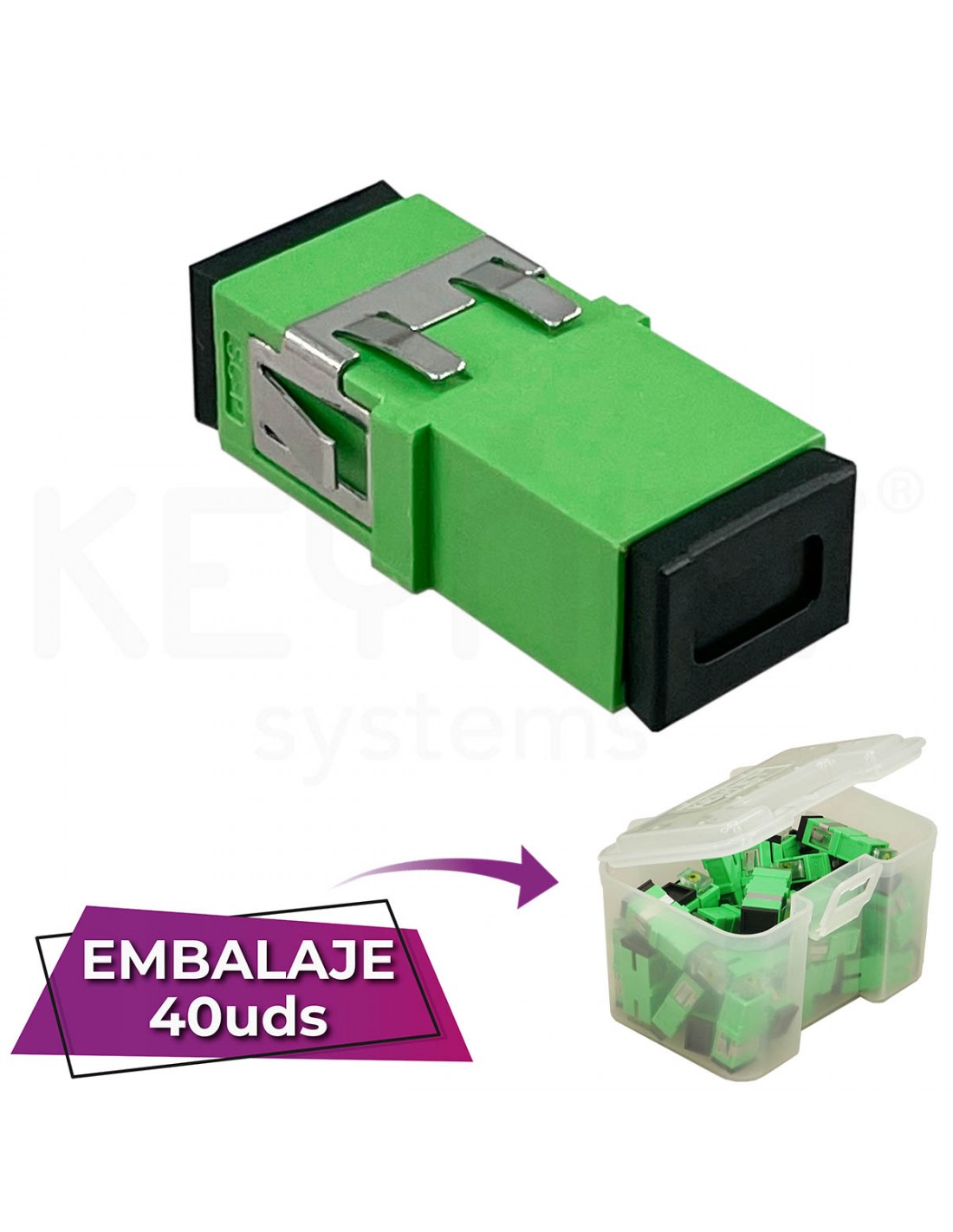 KEYNET SYSTEMS - Adaptador SC-SC APC SM SX 3 pestañas no asas tapón negro verde (En caja) - Imagen 2