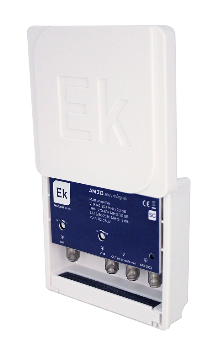 EKSELANS BY ITS - Amplificador de mástil con 3 entradas: VHF (47-230MHz) / UHF (470-694MHz) / SAT (950-2200MHz). G: 20dB (VHF) / 30dB (UHF) / -2dB (SAT), nivel de salida (DIN 45004B): 112dB?V - Imagen 2