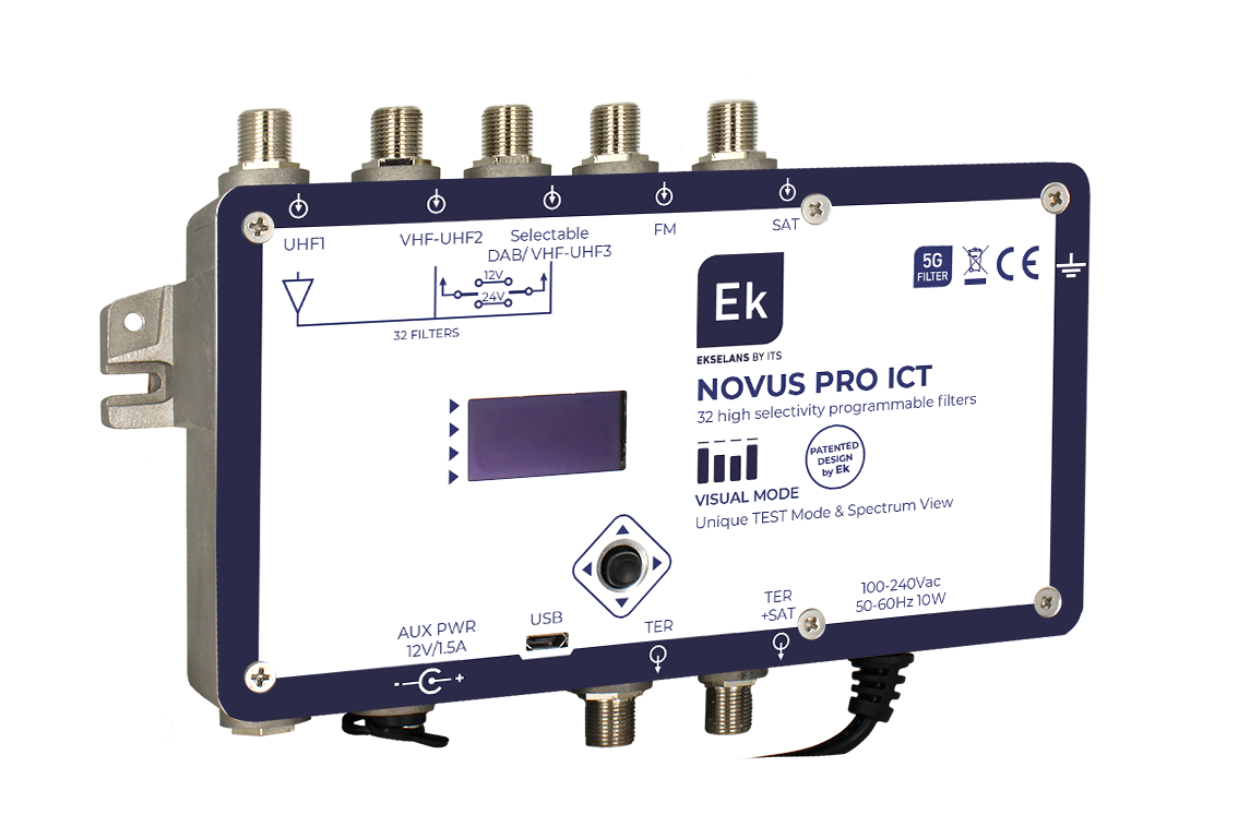 EKSELANS BY ITS - Amplificador 32 filtros UHF ultraselectivos. 1 entrada UHF (G>60dB)/ 1 entrada UHF con previo interno (G>70dB)/ 1 entrada UHF (G>60dB) configurable para DAB/1 entrada FM (G>28dB)/ 1 entrada SAT (G>35dB). - Imagen 2