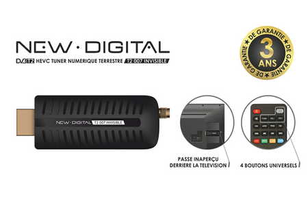 NEW DIGITAL - NEW DIGITAL T2 007 Invisible Receptor terrestre I Dongle HDMI HD TV decodificador Digital terrestre I Ideal para TV de Pared, HORECA, Camping I Receptor para TV en Abierto